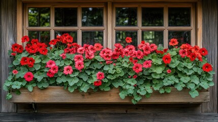 Fototapeta premium Wooden window box overflowing with vibrant red flowers