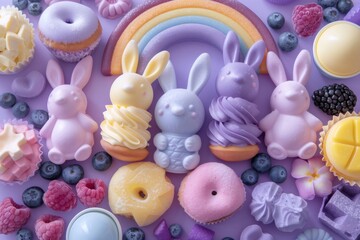 Pastel easter treats and bunny decor scattered across vibrant purple backdrop, highlighting seasonal celebration with sweet charm