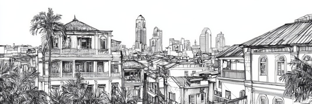 Manila Skyline: A Blend of Old and New - A captivating line art illustration depicting Manila's architectural contrast, showcasing old colonial buildings alongside modern skyscrapers