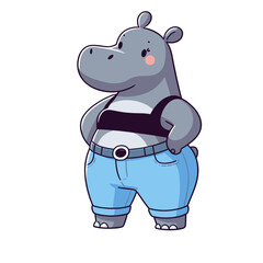 Fototapeta premium Sailor hippo in striped shirt and blue pants. Vector illustration for nautical themes, maritime professions or seafaring adventure concepts.