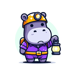 Naklejka premium Purple hippo miner with helmet and lantern. Vector illustration perfect for industrial themes, underground work concepts or resource extraction representation.