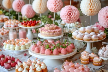 Pink dessert spread featuring layered cakes, cupcakes, strawberry treats, and pastel confections arranged on elegant tabletop display