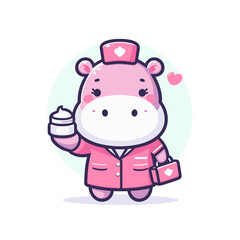 Obraz premium Pink hippo nurse with medical equipment and medicine. Vector illustration ideal for healthcare themes, pediatric services or medical profession representation.