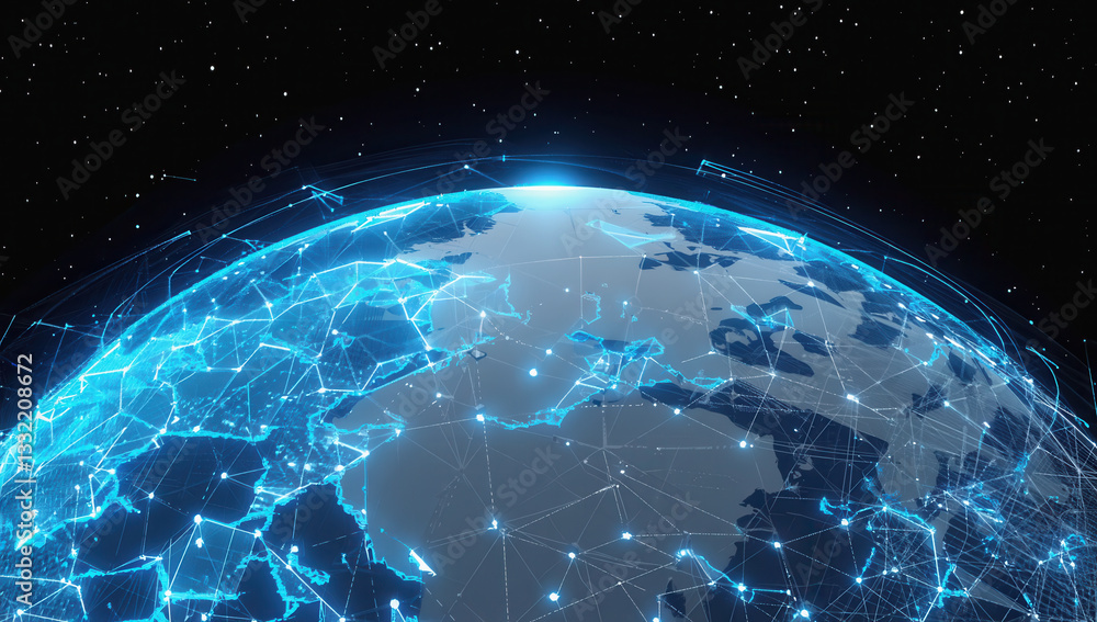 Poster wireless technology and future wifi concept, digital representation of earth with interconnected net
