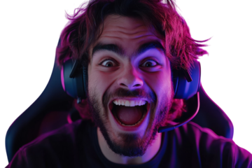 A Gamers Ecstatic Reaction During A Thrilling Victory, Illuminated By Vibrant Purple And Blue Lighting, Showcasing Pure Exhilaration Isolated on Transparent Background