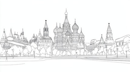 Fototapeta premium Red Square Line Art Panorama - A picturesque line drawing of Moscow's Red Square, symbolizing history, architecture, tourism, culture, and Russian heritage