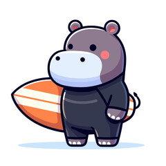 Naklejka premium Gray hippo surfer holding orange surfboard. Vector illustration ideal for beach culture, water sports, summer activities and coastal lifestyle concepts.