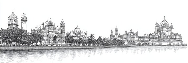 Fototapeta premium Mumbai Skyline Pen and Ink Drawing - Elegant line art depicting Mumbai's architectural grandeur, capturing the city's iconic buildings, waterfront, and lush palm trees. Symbolizing heritage, beauty