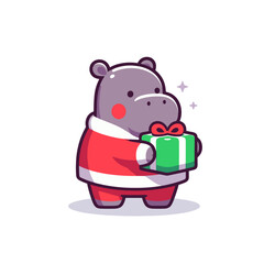 Fototapeta premium Santa hippo in red suit holding gift box. Vector illustration for Christmas celebrations, holiday season marketing or festive event concepts.