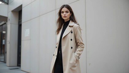 A half-body shot of a stylish model in a chic trench coat, posing in front of a minimalist urban backdrop, looking effortlessly fashionable