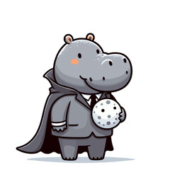 Magician hippo in cape holding crystal ball. Vector illustration for entertainment shows, magic performances or mystic character concepts.