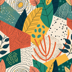 Colorful abstract geometric pattern featuring leaves and natural elements in vibrant shades