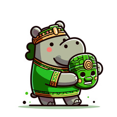 Green hippo in traditional Aztec costume with artifact. Vector illustration ideal for cultural heritage themes, historical civilization or museum educational materials.
