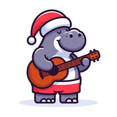 Gray hippo in Santa outfit playing guitar. Vector illustration perfect for Christmas themes, holiday music events or seasonal entertainment promotional materials.
