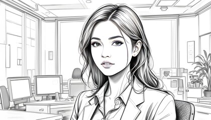A woman in a sketch-style illustration,  draw with pencil 