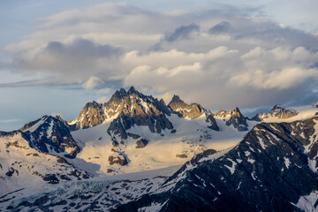 Aiguilles de Chamonix rocky granite mountain peaks in french Alps around Mont Blanc summit in...