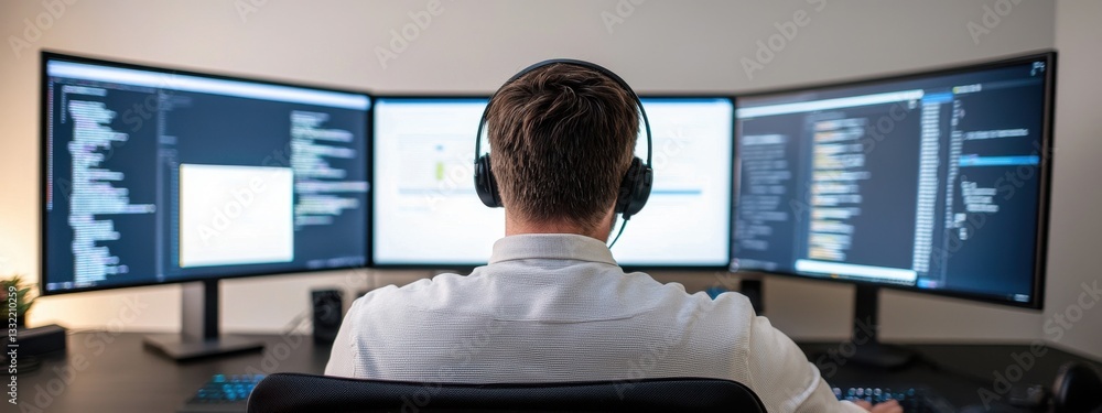 Poster professional programmer working at multiple monitors in modern office