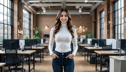 A confident young woman standing in a co-working space