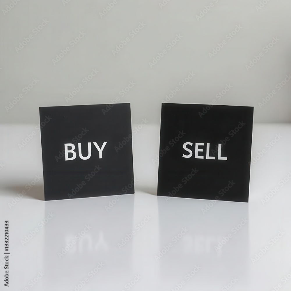 Aufkleber two black signs display the words buy and sell indicating core principles in trading. they emphasize