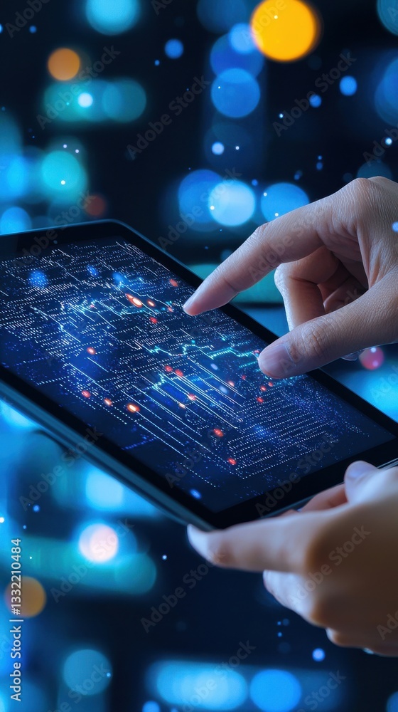 Aufkleber person using touchscreen tablet with digital matrix background