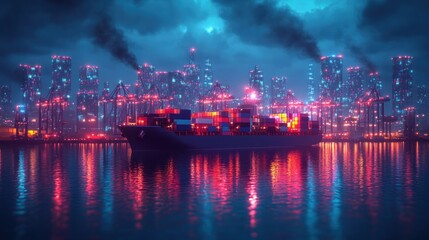 Obraz premium Futuristic cargo ship at night port city with vibrant lighting