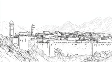 Fototapeta premium Nizwa Oman: A Majestic Cityscape Line Art - Ancient city, mountains, walls, towers, history. Symbolizing heritage, strength, resilience, beauty, and culture