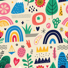 Bright and colorful abstract patterns with rainbows and plants bring joy and vibrancy to a cheerful design