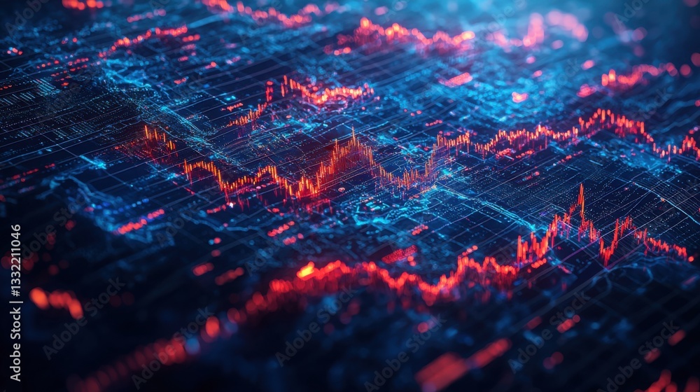 Poster computer screen displaying a dynamic red and blue pattern representing data and digital asset tradin