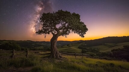 Lonely Tree stands peacefully on grassy hill as galaxy glows in twilight sky over distant mountains