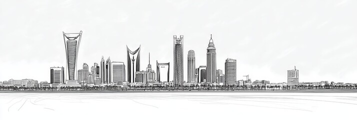 Fototapeta premium Riyadh Skyline Architectural Sketch - Modern city, urban landscape, architectural design, cityscape view, sketch art. Symbolizing progress, ambition, development, modernity, and vision