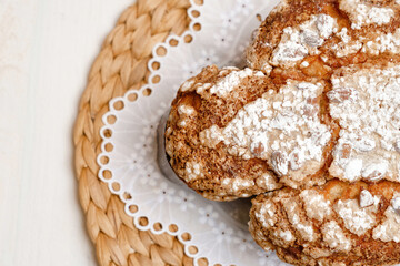 Colomba - Italian traditional Easter bread is topped with pearl sugar and almonds in the shape of a dove. Festive pastries are traditional in Italy.