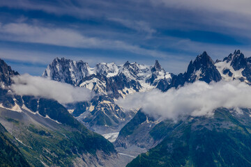 Aiguilles de Chamonix rocky granite mountain peaks in french Alps around Mont Blanc summit in...