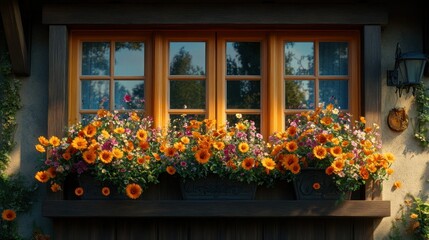 Obraz premium Wooden window with vibrant flower boxes. Sunlight streams through the glass, illuminating a profusion of orange and pink blossoms in decorative metal planters