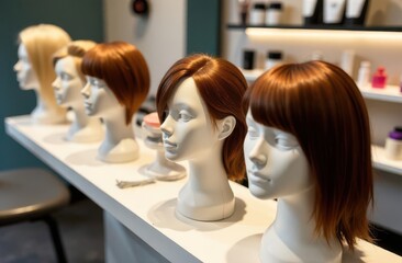 Different wigs in various styles and colors are arranged on mannequin heads in a hair salon. Bright lighting highlights the details creating a welcoming atmosphere for customers.
