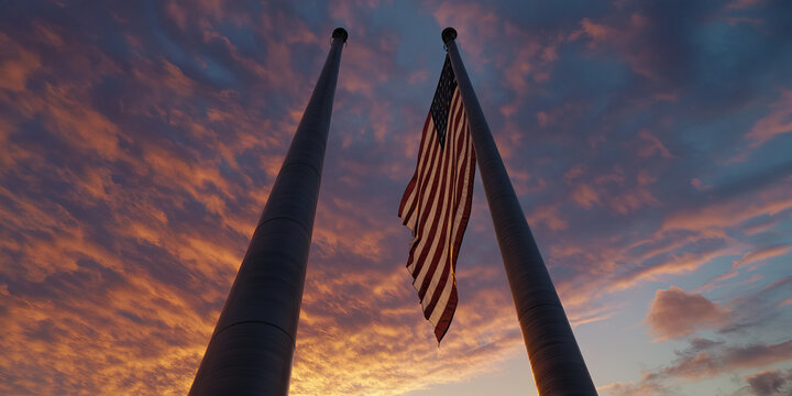 American Flag on Flagpoles at Sunset