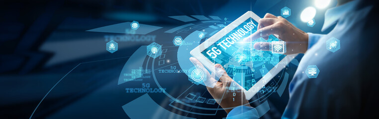 A person is using a mobile digital interface, highlighting 5G Technology for its ultra-fast speeds, low latency, enhanced connectivity, seamless streaming, real-time communication, network reliability