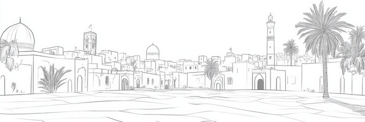 Fototapeta premium Tunisian Mediterranean Cityscape Line Art Illustration - Serene line art depicting a Tunisian city, symbolizing history, architecture, culture, tranquility, and the Mediterranean
