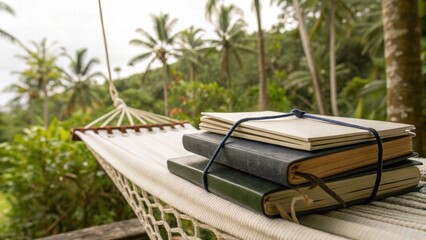 A bright photograph of a stack of travel journals showcasing adventure and memory in vibrant colors and textures