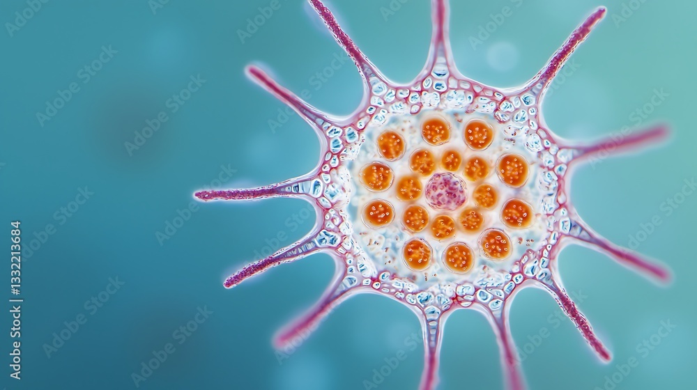 Aufkleber a colorful microscopic view of a cell-like structure with spiky appendages and an intricate pattern,