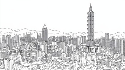 Obraz premium Taipei Cityscape Line Art Panorama - Detailed line art illustration of Taipei's skyline, symbolizing modern architecture, urban growth, technological advancement, cultural heritage, and natural beauty