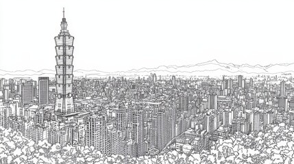 Fototapeta premium Taipei Skyline Panorama Line Art - Detailed line drawing of Taipei's cityscape, featuring iconic skyscrapers, dense urban fabric, and surrounding hills. Symbolizing modern architecture, urban density