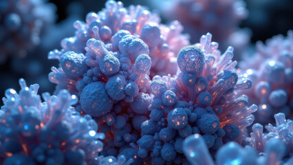 Fototapeta premium Close-up photograph of a crystalline molecular structure with pink and blue hues, reminiscent of coral or bacterial colonies.