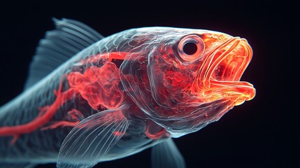 Fototapeta premium A translucent fish with vibrant red internal structures, illuminated against a dark background, showcasing intricate anatomical details.