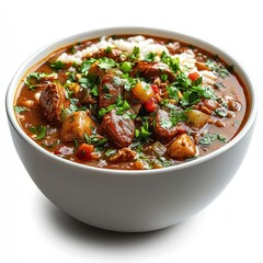 Fototapeta premium Hearty stew in white bowl, appetizing meal, isolated on white background
