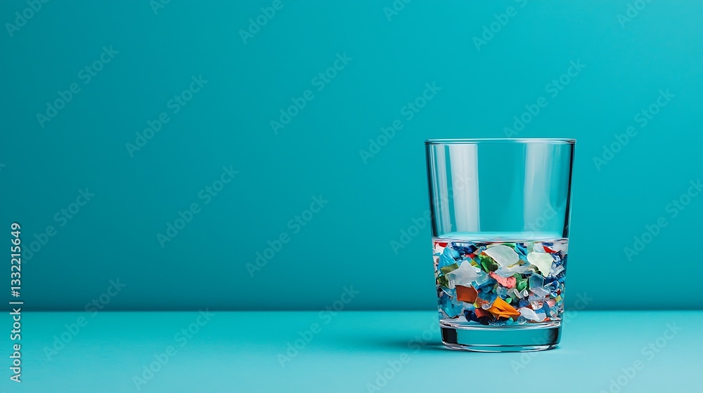 Poster a glass filled with colorful objects sits on a bright turquoise surface, creating a vibrant visual c