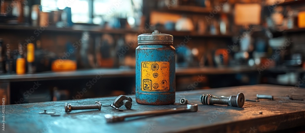 Poster rusty oil can and tools on a workbench in a workshop.