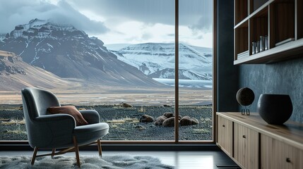 Modern lounge with large windows and a stunning mountain view, featuring stylish furniture, soft lighting, and a serene atmosphere for relaxation and an elegant home setting.