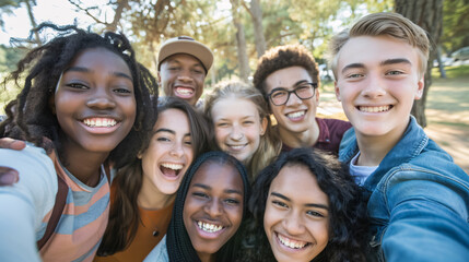 Fototapeta premium Multiracial friends taking a big group selfie shot and smiling at the camera. Laughing young people standing outdoors and having fun - Cheerful students' portrait outside school