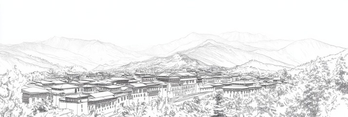 Fototapeta premium Bhutanese Mountaintop Serenity: A Panoramic Line Art View - Peaceful Bhutanese landscape, symbolizing serenity, tranquility, spirituality, and cultural heritage. A serene capital panorama