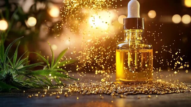 A glass dropper bottle filled with golden hemp oil, surrounded by hemp seeds and fresh cannabis leaves, set against a warm, glowing background. This image represents natural wellness, organic skincare